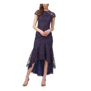 JS COLLECTION Womens Navy Mesh Lined Cap Sleeve Maxi Evening Hi-Lo Dress 2